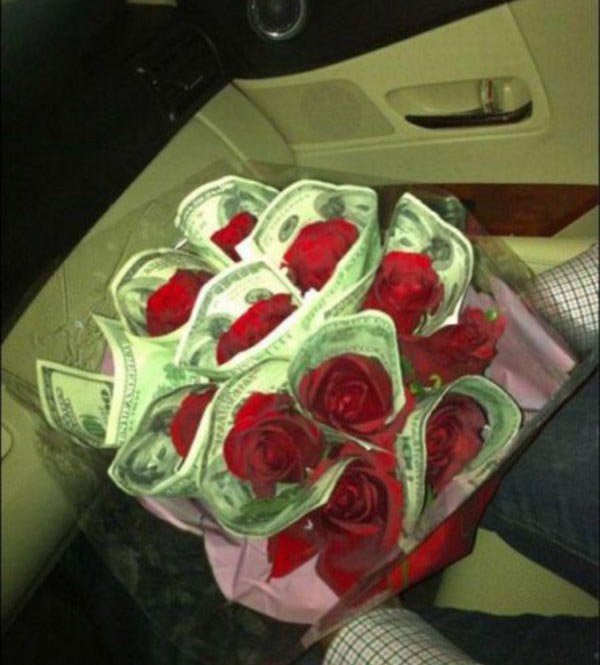 roses with 100 bills
