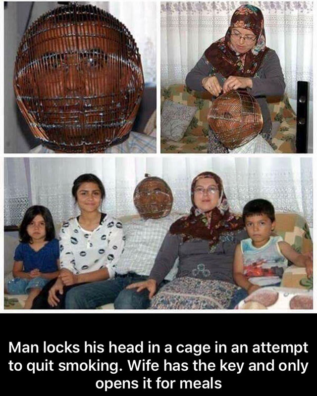 random man locks head in cage - Man locks his head in a cage in an attempt to quit smoking. Wife has the key and only opens it for meals