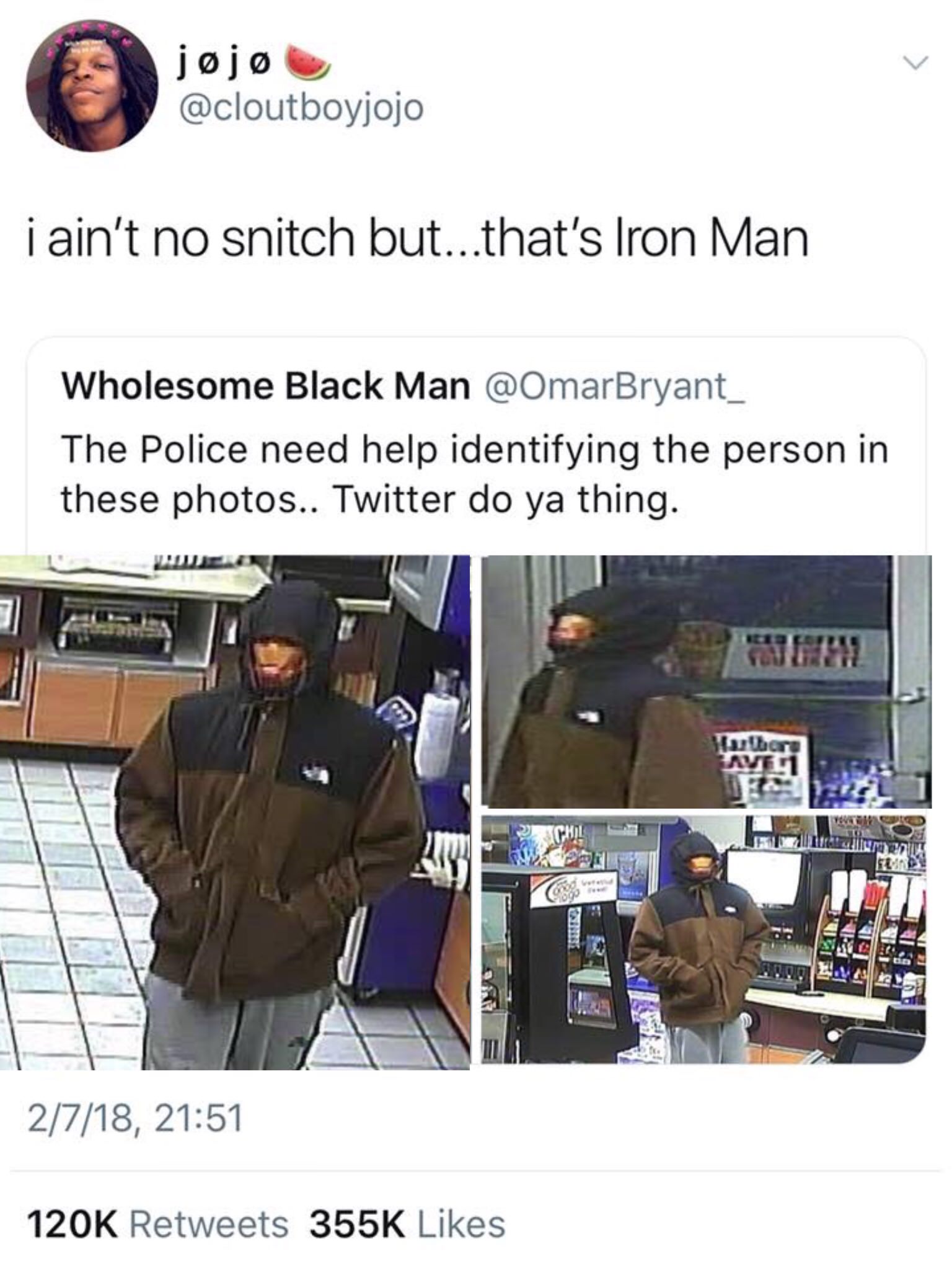 ain t no snitch but that's iron man - jj i ain't no snitch but...that's Iron Man Wholesome Black Man The Police need help identifying the person in these photos.. Twitter do ya thing. Vw Te Chile D Ui 2718,