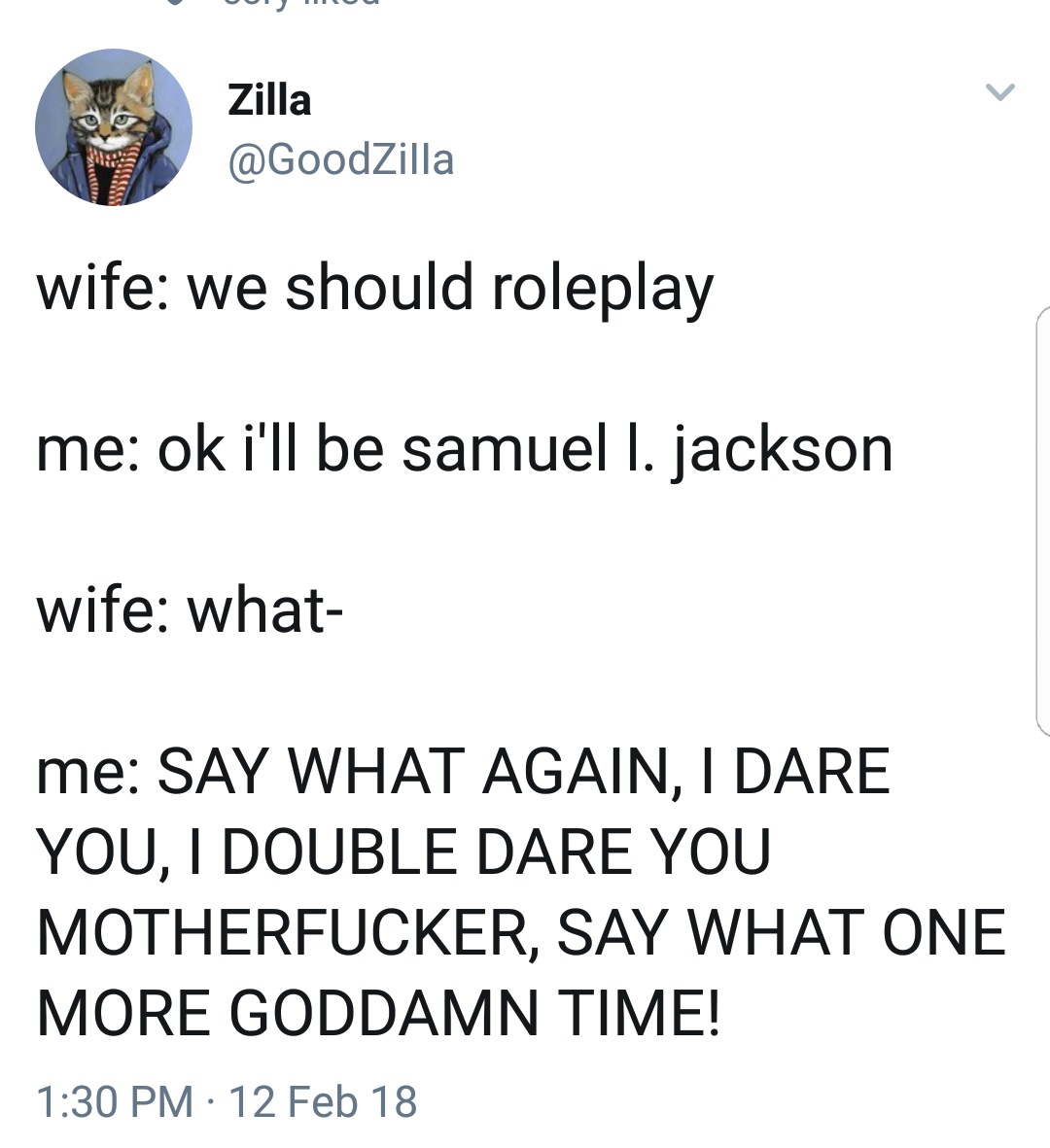 funny tweet of role playing with the wife Samuel L Jackson