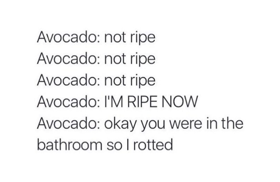 document - Avocado not ripe Avocado not ripe Avocado not ripe Avocado I'M Ripe Now Avocado okay you were in the bathroom so I rotted