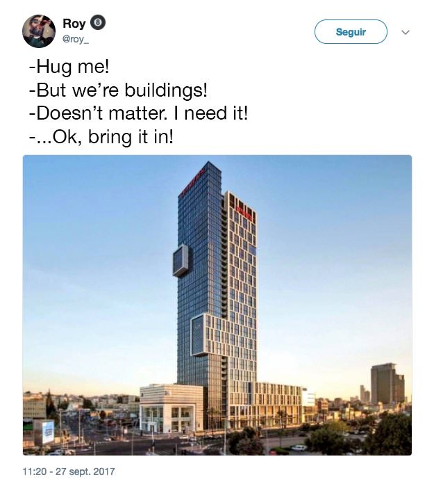 building hug - Roy Seguir Hug me! But we're buildings! Doesn't matter. I need it! ...Ok, bring it in! Aihatan 27 sept. 2017