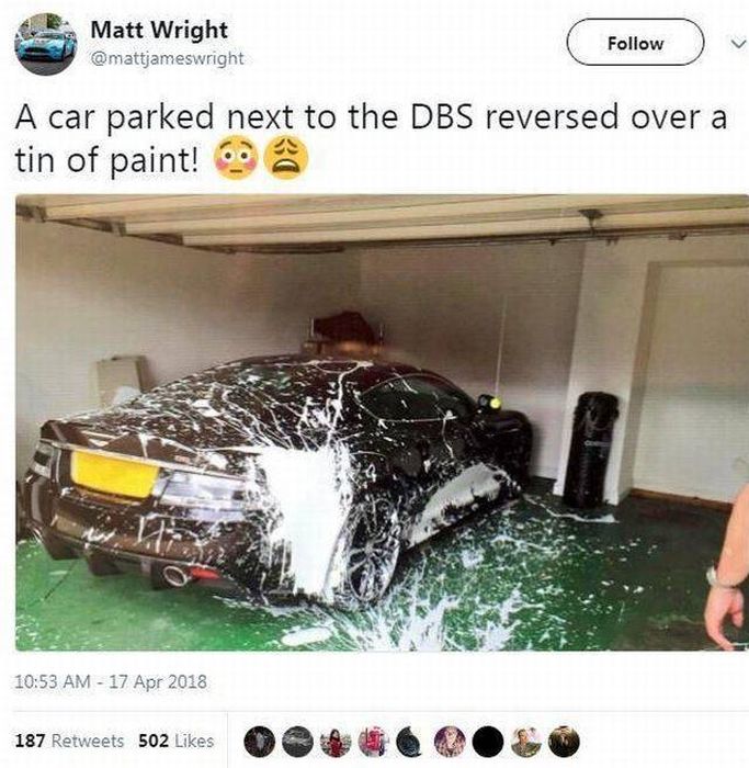 aston martin paint - Matt Wright A car parked next to the Dbs reversed over a tin of paint! 187 502 Oo Oo O