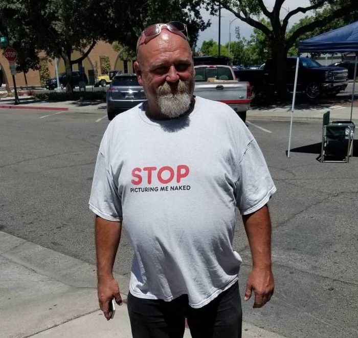 funny picture of middle-aged man with shirt that says to stop picturing him naked