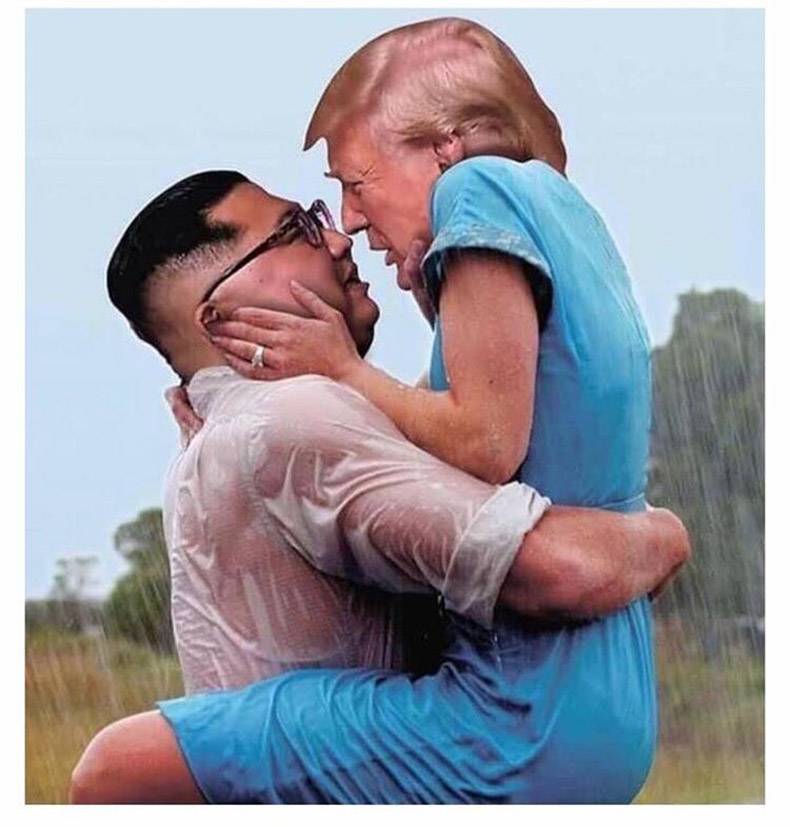 romantic rain scene from Matchpoint but with Kim Jong Un and Donald Trump as the couple