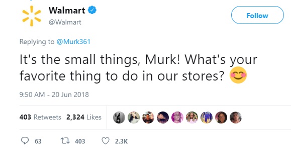 tweet - icon - Walmart It's the small things, Murk! What's your favorite thing to do in our stores? 403 2,324 963 t2 403