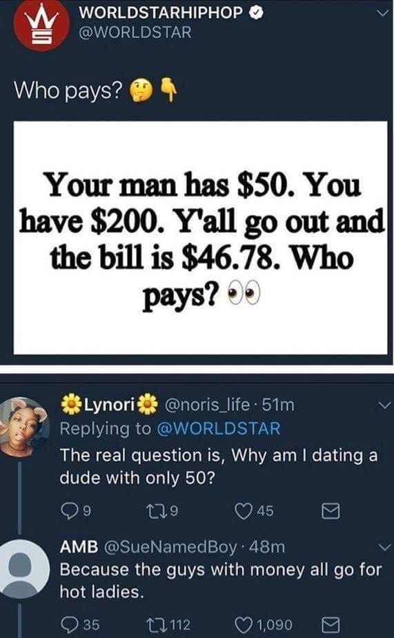 memes - worldstarhiphop memes - Worldstarhiphop Who pays? Your man has $50. You have $200. Y'all go out and the bill is $46.78. Who pays? Lynori . 51m The real question is, Why am I dating a dude with only 50? 199 45 Amb . 48m Because the guys with money 