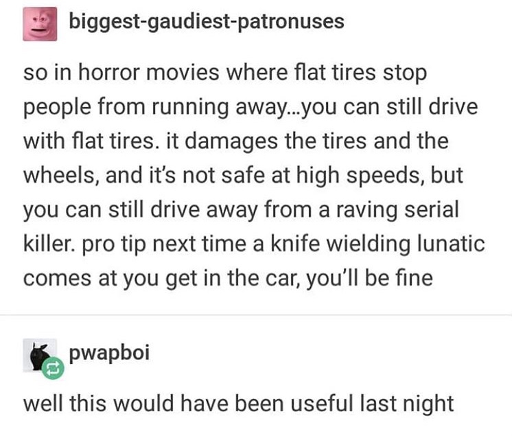 biggestgaudiestpatronuses so in horror movies where flat tires stop people from running away...you can still drive with flat tires. it damages the tires and the wheels, and it's not safe at high speeds, but you can still drive away from a raving serial…