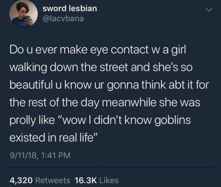 vanilla sex meme - sword lesbian Do u ever make eye contact w a girl walking down the street and she's so beautiful u know ur gonna think abt it for the rest of the day meanwhile she was prolly "wow I didn't know goblins existed in real life" 91118, 4,320