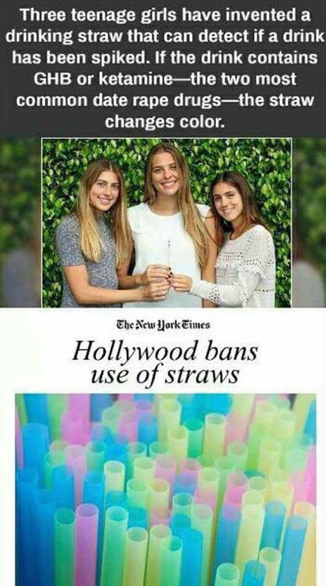 hollywood bans straws - Three teenage girls have invented a drinking straw that can detect if a drink has been spiked. If the drink contains Ghb or ketamine the two most common date rape drugsthe straw changes color. The New York Times Hollywood bans use 