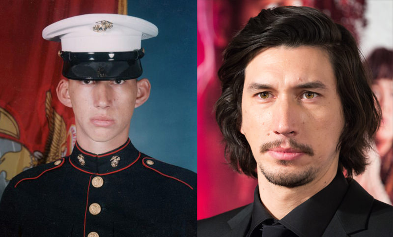 Adam Driver, U.S. Marine Corps - As a 17-year-old with no job or direction Adam enlisted in the Marines shortly after the September 11 attacks.  He was assigned to Weapons Company, 1st Battalion, 1st Marines as an 81-mm mortar man. Injured in an off-duty mountain biking accident, he was medically discharged shortly before his third year. But he credits his time in the service with preparing him for success. "I loved being a Marine," he says. "It's one of the things I'm most proud of having done in my life."