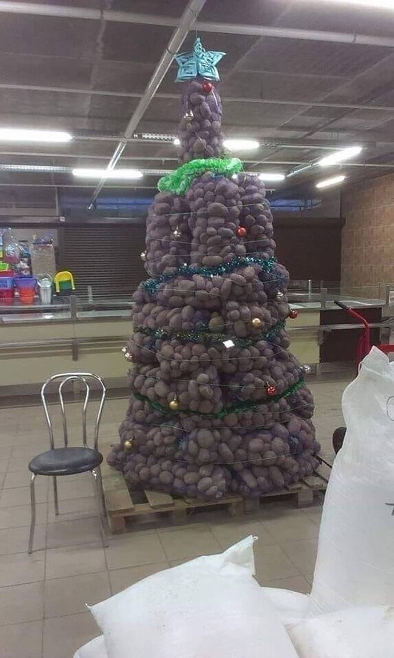 Christmas tree made out of potato sacks