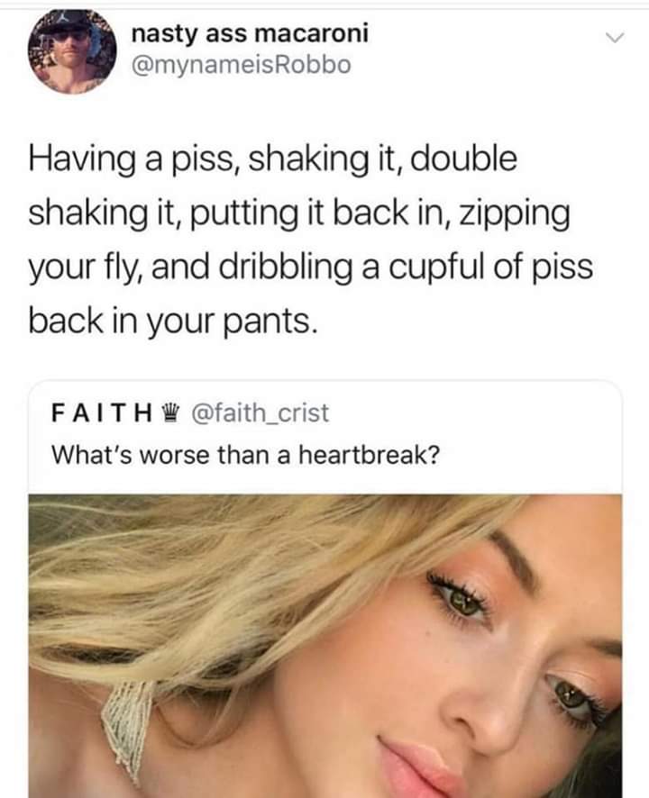 what's worse than a heartbreak meme - nasty ass macaroni Having a piss, shaking it, double shaking it, putting it back in, zipping your fly, and dribbling a cupful of piss back in your pants. Faithw What's worse than a heartbreak?