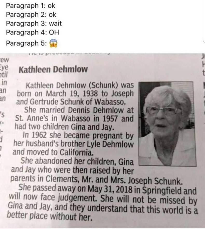 obituary will not be missed - Paragraph 1 ok Paragraph 2 ok Paragraph 3 wait Paragraph 4 Oh Paragraph 5 rew Eye Kathleen Dehmlow til in Kathleen Dehmlow Schunk was an born on to Joseph an and Gertrude Schunk of Wabasso. She married Dennis Dehmlow at St. A