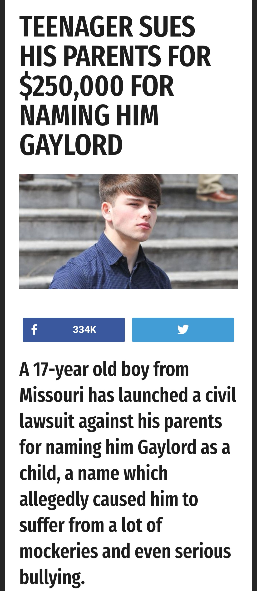 pericolo alta tensione - Teenager Sues His Parents For $250,000 For Naming Him Gaylord f A 17year old boy from Missouri has launched a civil lawsuit against his parents for naming him Gaylord as a child, a name which allegedly caused him to suffer from a 