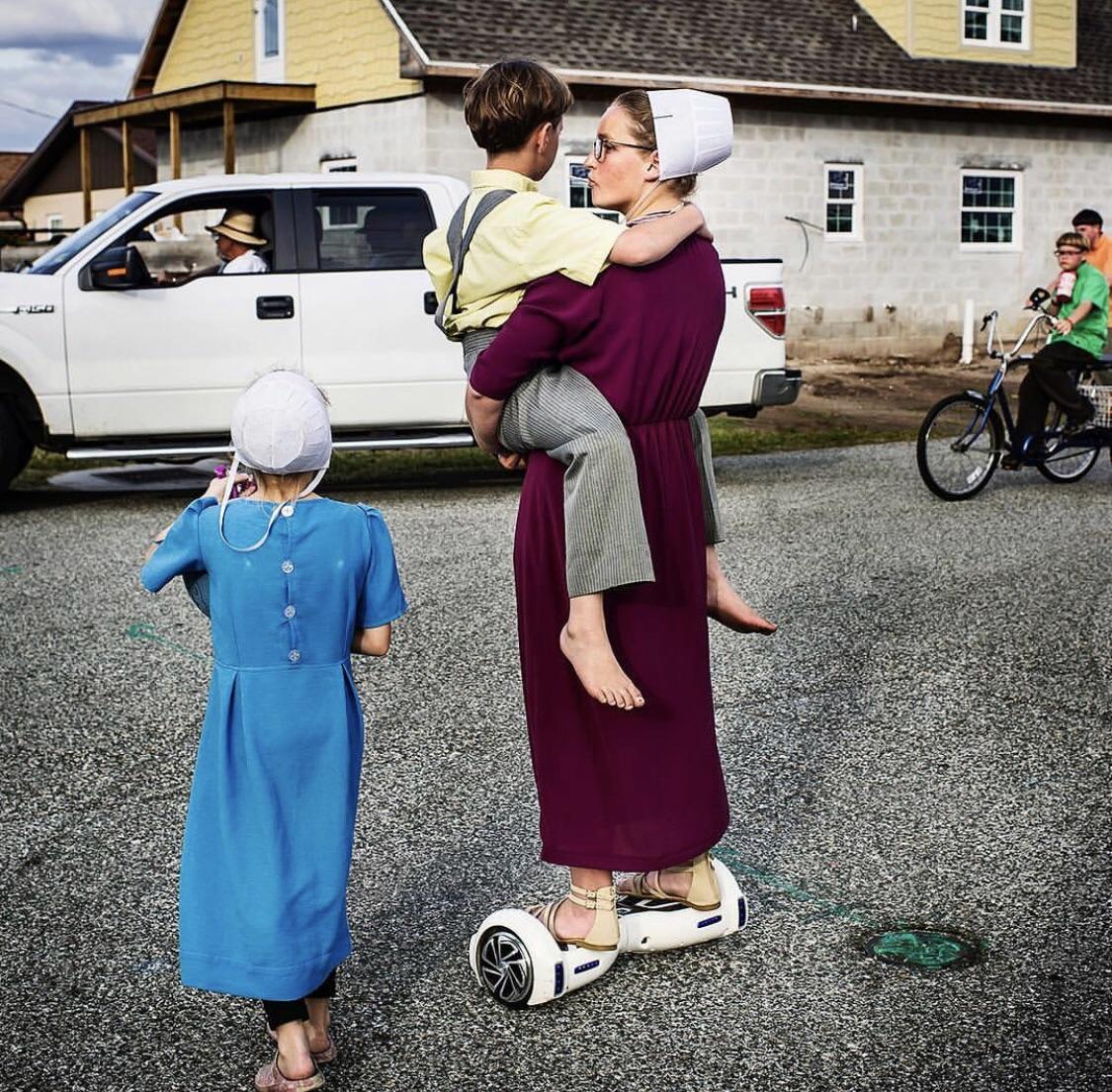 amish woman on hoverboard
