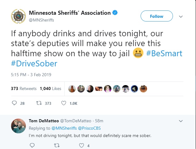 minnesota sheriffs association - Minnesota Sheriffs' Association If anybody drinks and drives tonight, our state's deputies will make you relive this halftime show on the way to jail Sober 373 1,040 40COPO 28 12 373 Tom DeMatteo @ TomDeMatteo . 58m I'm no