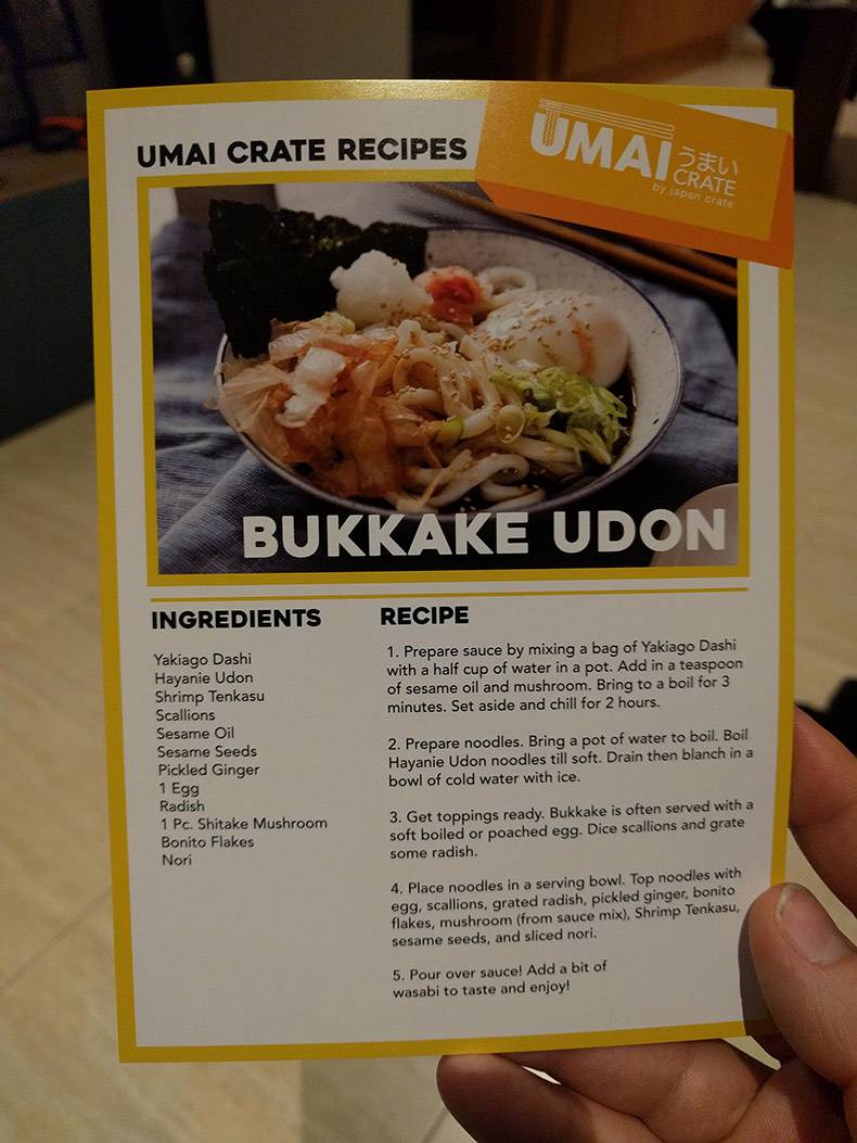 - dish - Umai Crate Recipes Umai Citate Crate Bukkake Udon Ingredients Recipe 1. Prepare sauce by mixing a bag of Yakiago Dashi with a half cup of water in a pot. Add in a teaspoon of sesame oil and mushroom. Bring to a boil for 3 minutes. Set aside