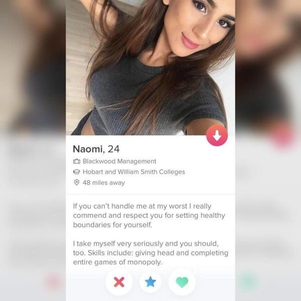 tinder - beauty - Naomi, 24 Blackwood Management Hobart and William Smith Colleges 48 miles away If you can't handle me at my worst I really commend and respect you for setting healthy boundaries for yourself I take myself very seriously and you should, t