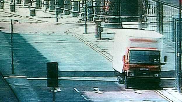 Seemingly normal truck on a normal day would actually be the blast site of the Manchester City Center bombing back in 1996, placed by the IRA