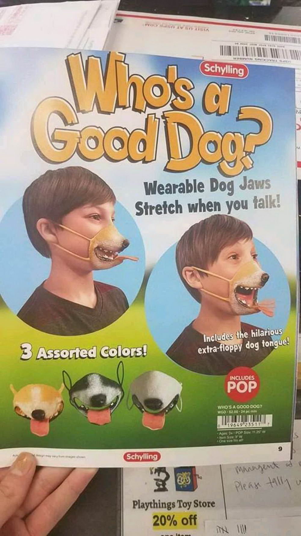 wearable dog jaws - Schylling Whos o Good Doo? Wearable Dog Jaws Stretch when you talk! 3 Assorted Colors! Includes the hilarious extrafloppy dog tongue! Includes Pop Who'S A Good Dog? Woo 22002 019669 23511 3.Fop W S Schylling Please tally u Playthings T