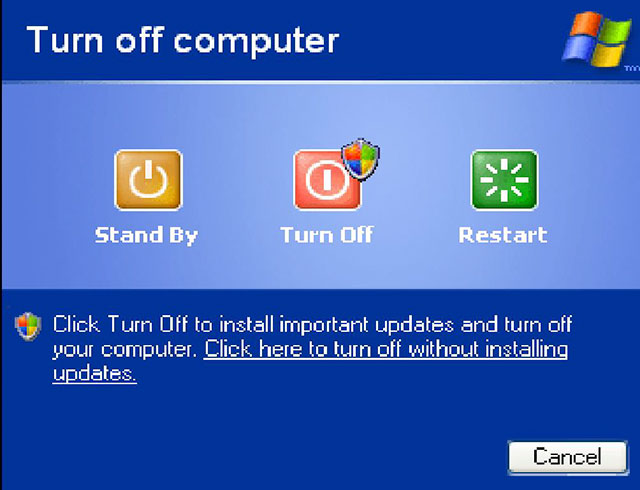 Notalgic pics - windows xp turn off computer - Turn off computer Stand By Turn Off Restart Click Turn Off to install important updates and turn off your computer. Click here to turn off without installing updates. Cancel