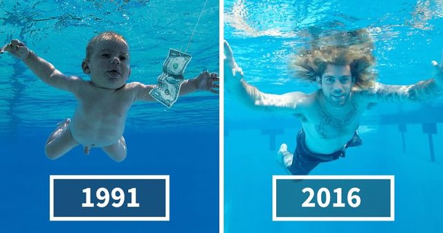 This is Spencer Elden, the baby from Nirvana's Nevermind album, And him at age 25 in 2016.