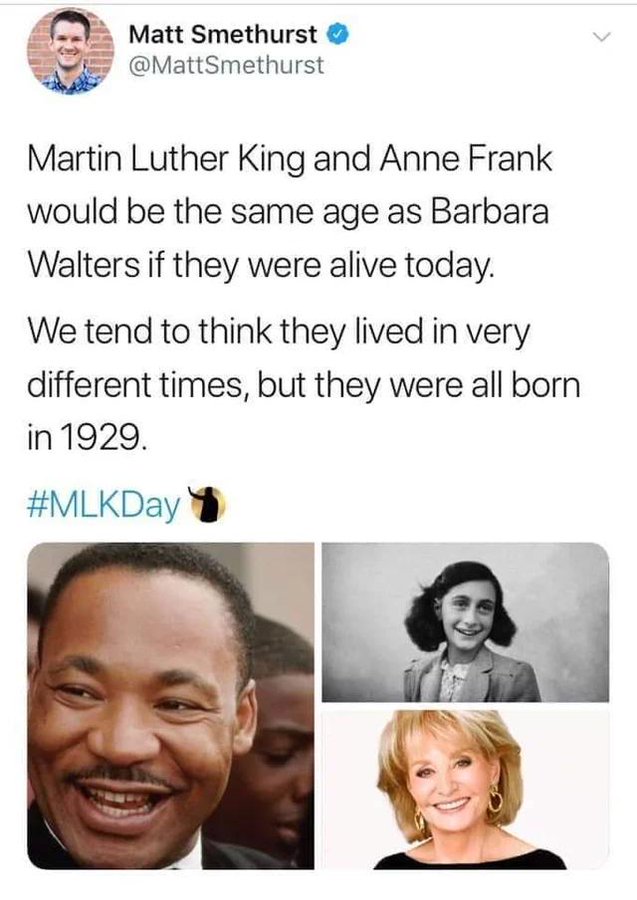 smile - Matt Smethurst Martin Luther King and Anne Frank would be the same age as Barbara Walters if they were alive today. We tend to think they lived in very different times, but they were all born in 1929. 1