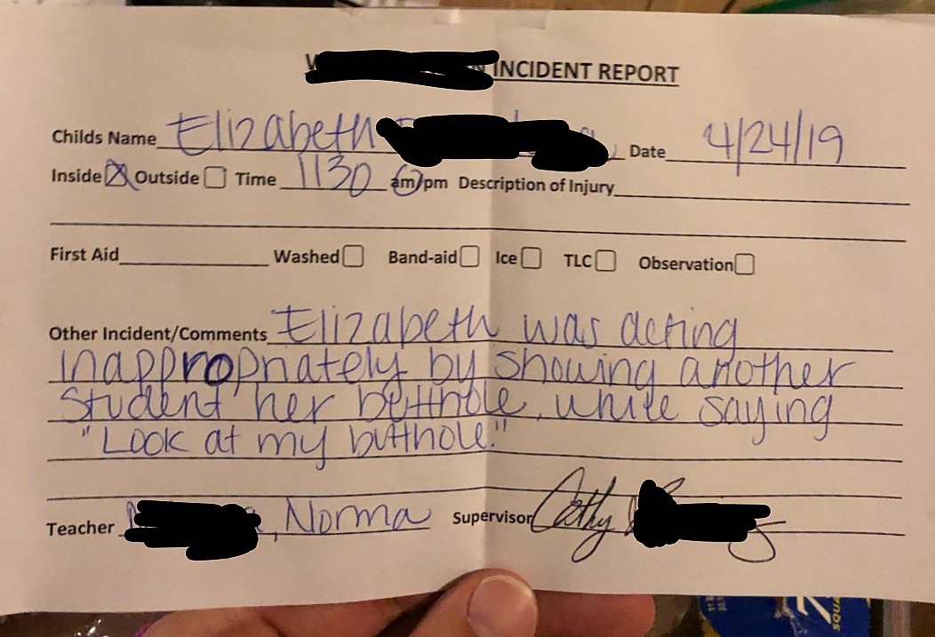 random pic handwriting - Incident Report Childs Name Childs Name Elizabeth Inside Outside Time_1120 L Date 42419 ampm Description of Injury_ 2 Date First Aid Washed Bandaid Ice Tlco Observation Other Incident E112 abeth War domina naporodnately by showing