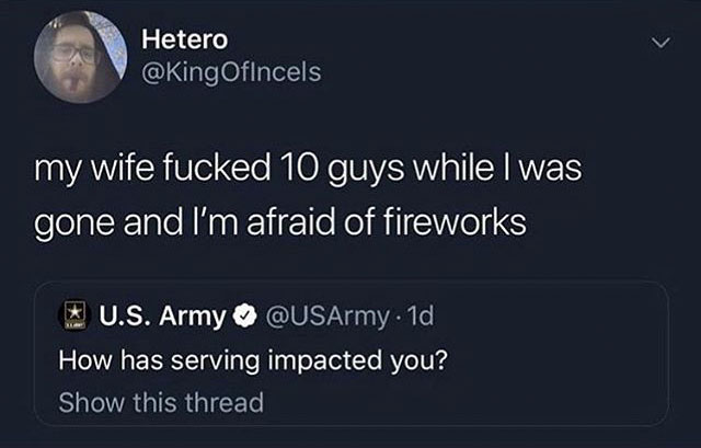 random pic drop everything tweet - Hetero my wife fucked 10 guys while I was gone and I'm afraid of fireworks U.S. Army . 1d How has serving impacted you? Show this thread