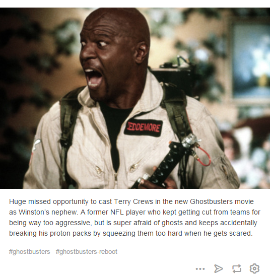 ernie hudson ghostbusters - Edoemore Huge missed opportunity to cast Terry Crews in the new Ghostbusters movie as Winston's nephew. A former Nfl player who kept getting cut from teams for being way too aggressive, but is super afraid of ghosts and keeps a