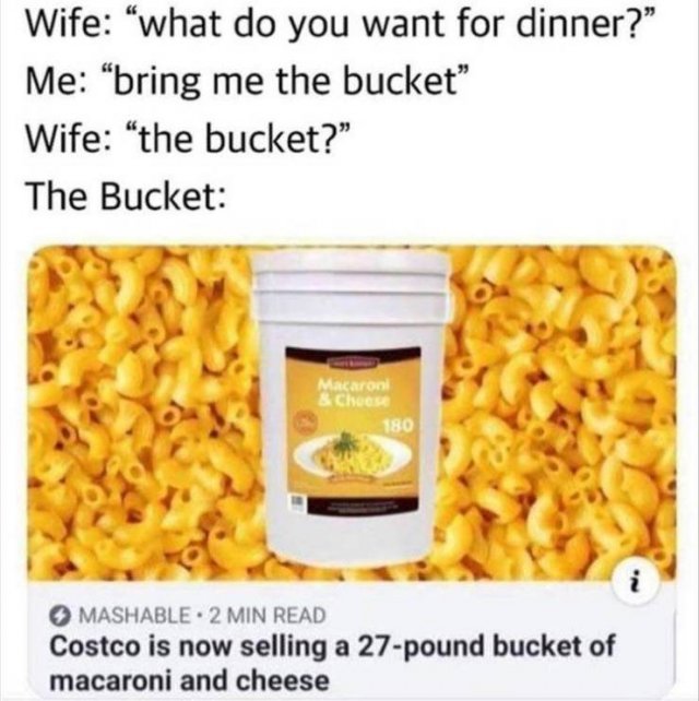 costco is now selling a 27 pound bucket of macaroni and cheese meme - Wife what do you want for dinner?" Me bring me the bucket" Wife "the bucket? The Bucket Cheer 80 Mashable. 2 Min Read Costco is now selling a 27pound bucket of macaroni and cheese