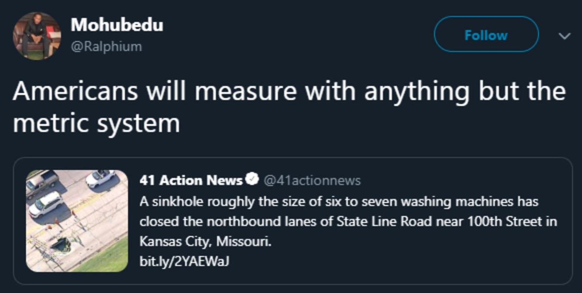 realisms of the twenties - Mohubedu Americans will measure with anything but the metric system 41 Action News A sinkhole roughly the size of six to seven washing machines has closed the northbound lanes of State Line Road near 100th Street in Kansas City,