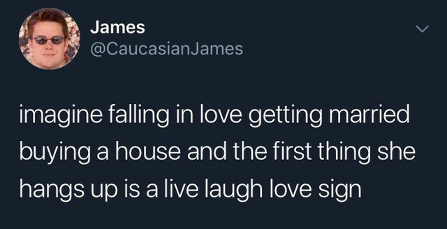 James James imagine falling in love getting married buying a house and the first thing she hangs up is a live laugh love sign