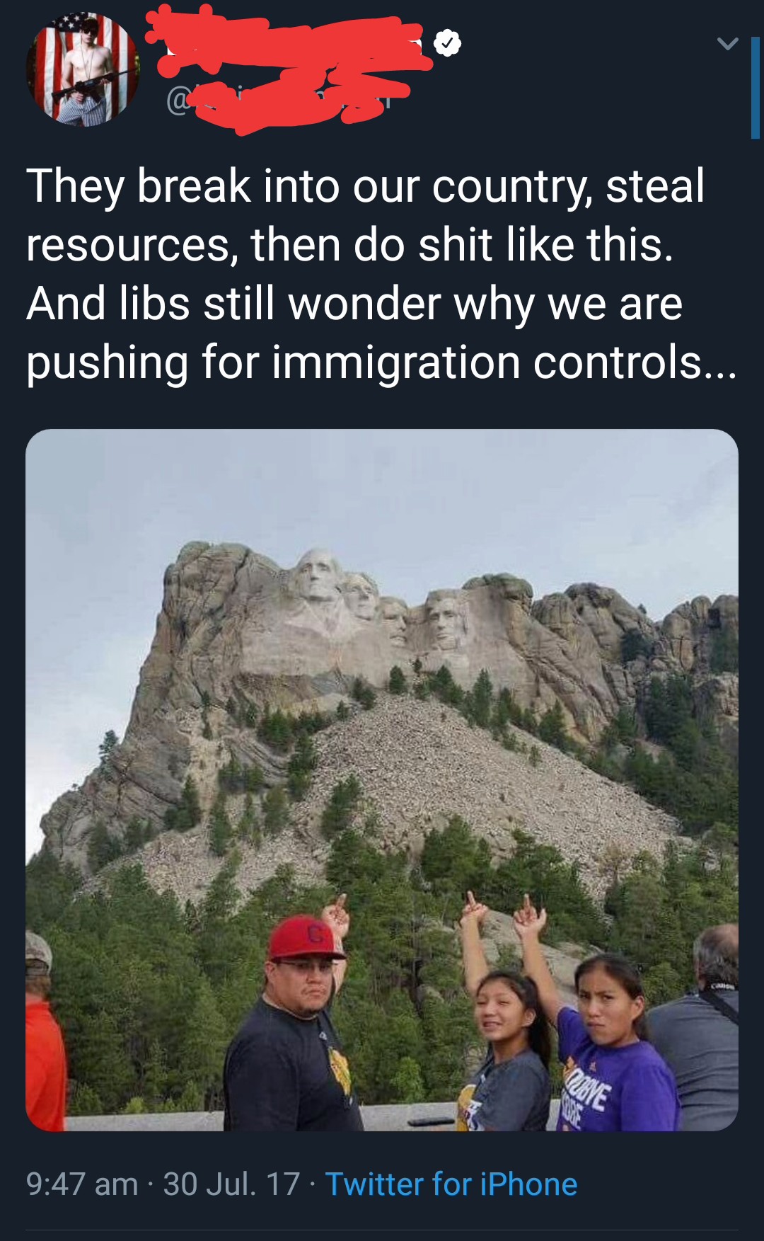 mount rushmore - They break into our country, steal resources, then do shit this. And libs still wonder why we are pushing for immigration controls... 30 Jul. 17. Twitter for iPhone