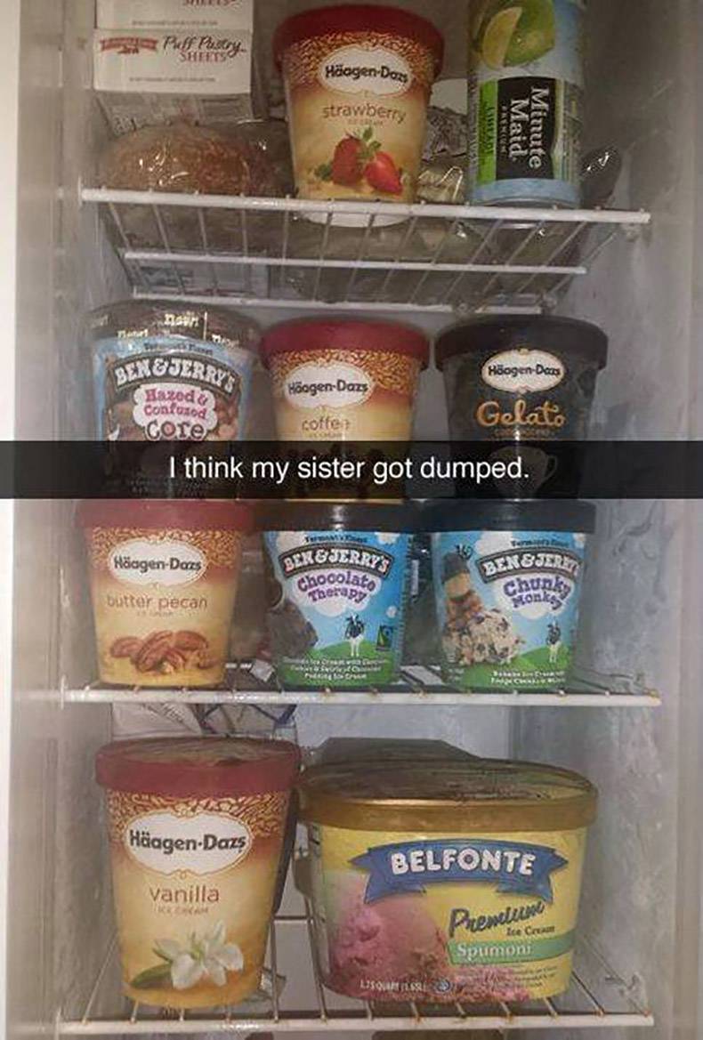 snapchat of a fridge full of ice cream and caption that OP think's his sister got dumped