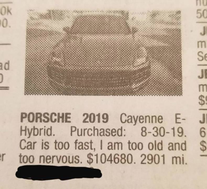 handwriting - E E S E65155 Porsche 2019 Cayenne E Hybrid. Purchased 83019. 6 Car is too fast, I am too old and $ r too nervous. $104680. 2901 mi.