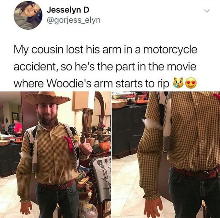 jacket - Jesselyn D My cousin lost his arm in a motorcycle accident, so he's the part in the movie where Woodie's arm starts to rip