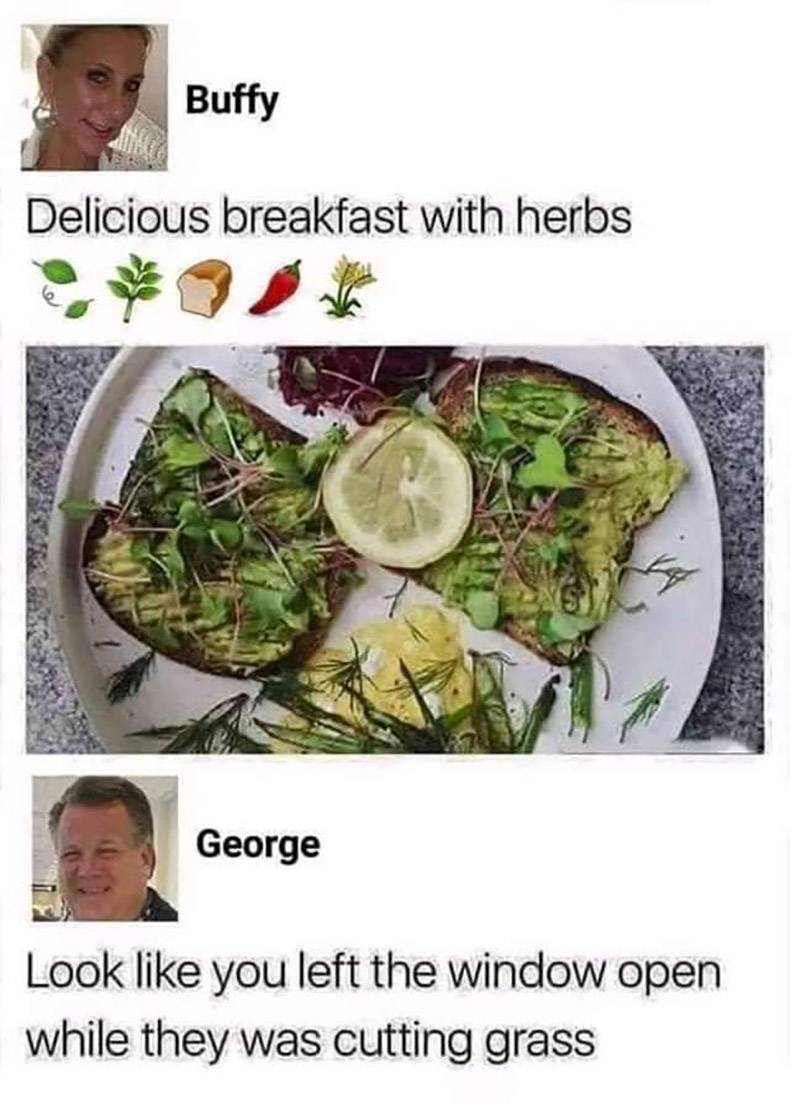delicious breakfast with herbs meme - Buffy Delicious breakfast with herbs George Look you left the window open while they was cutting grass