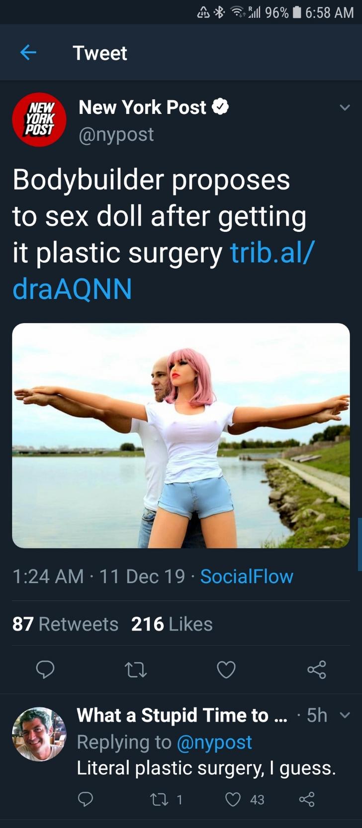 poster - 2 Bull 96% Lt Tweet New York Post New York Post Bodybuilder proposes to sex doll after getting it plastic surgery trib.al draAQNN 11 Dec 19. SocialFlow 87 216 e C2 What a Stupid Time to ... . 5hv Literal plastic surgery, I guess.