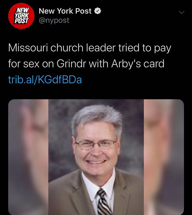 photo caption - New York New York Post Post Missouri church leader tried to pay for sex on Grindr with Arby's card trib.alKGdfBDa