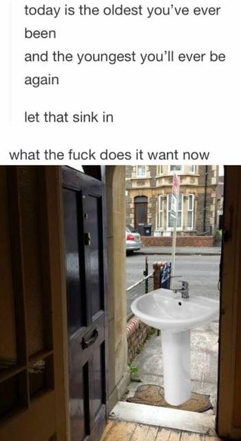 let that sink - today is the oldest you've ever been and the youngest you'll ever be again let that sink in what the fuck does it want now