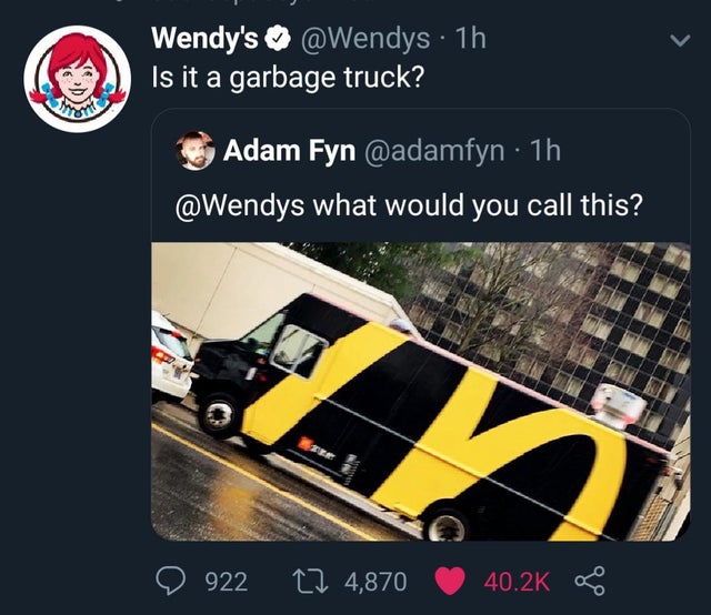 wendy's company - Wendy's . 1h Is it a garbage truck? Adam Fyn 1h what would you call this? 922 12 4,870 2