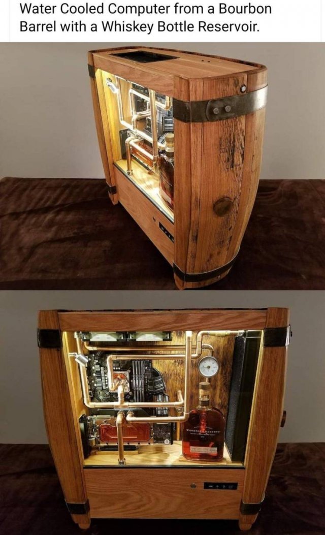 Bourbon whiskey - Water Cooled Computer from a Bourbon Barrel with a Whiskey Bottle Reservoir.