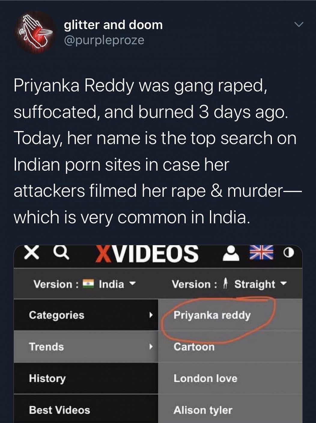 screenshot - glitter and doom S Priyanka Reddy was gang raped, suffocated, and burned 3 days ago. Today, her name is the top search on Indian porn sites in case her attackers filmed her rape & murder which is very common in India. Xq Xvideos Ko Version In