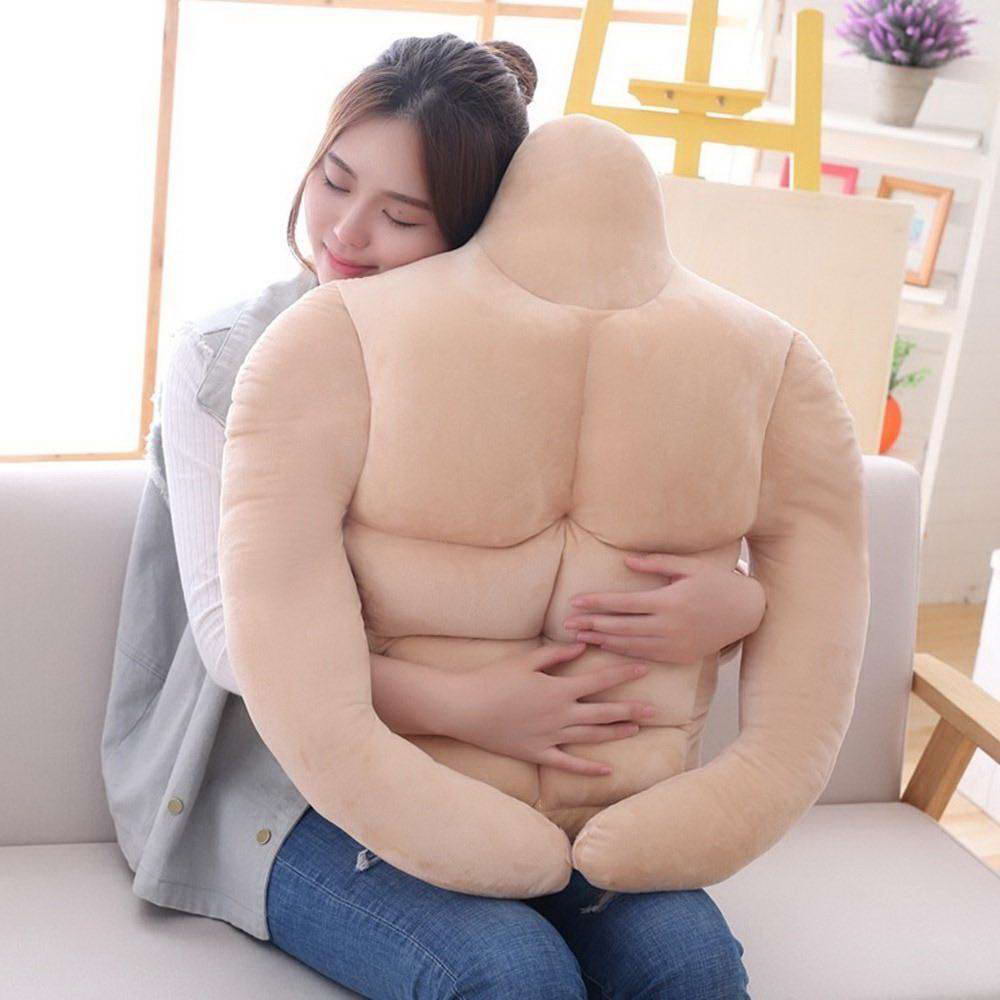 woman hugging men chest pillow