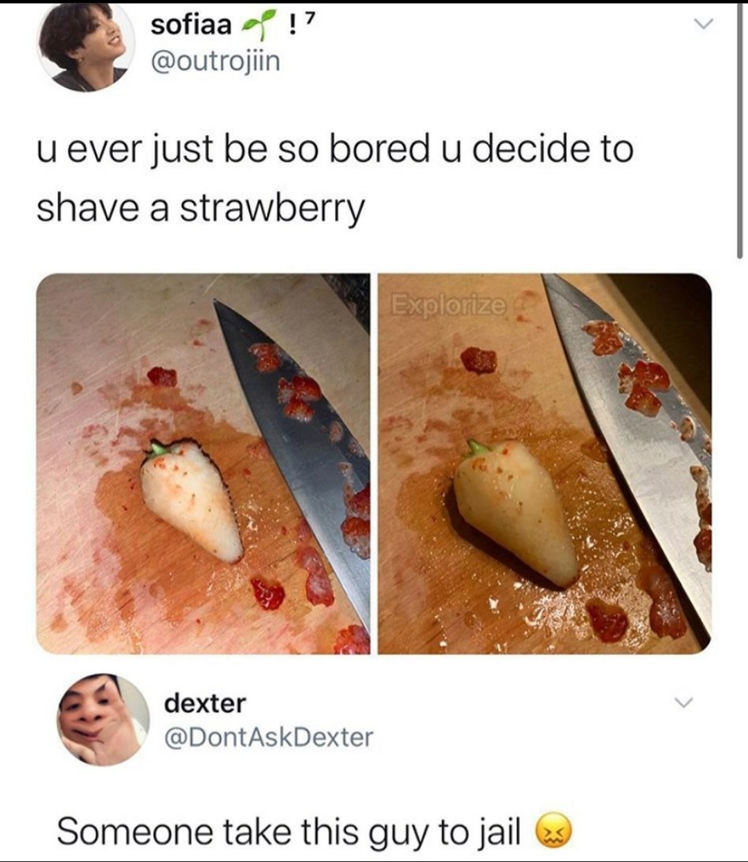 Strawberry Peels - sofiaa !! u ever just be so bored u decide to shave a strawberry Explorze dexter Someone take this guy to jail