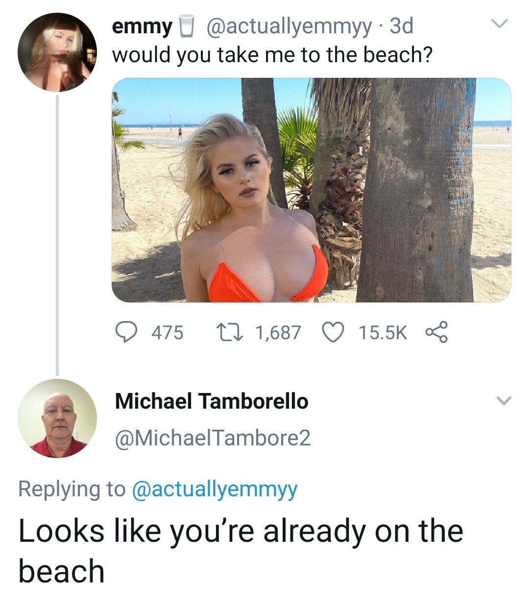 photo caption - emmy . 3d would you take me to the beach? 475 12 1,687 Michael Tamborello Looks you're already on the beach