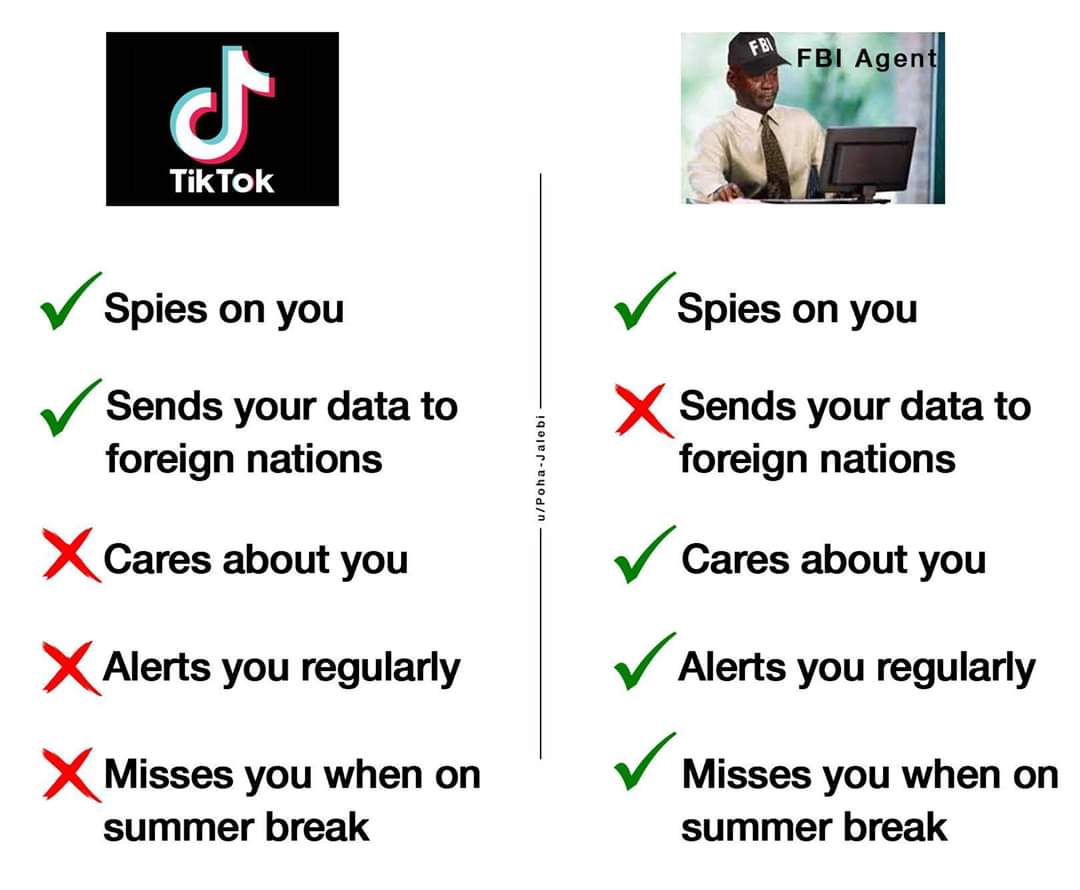 Federal Bureau of Investigation - Fbi Fbi Agent Tik Tok Spies on you Spies on you Sends your data to foreign nations uPohaJalebi X Sends your data to foreign nations X Cares about you Cares about you Alerts you regularly x Alerts you regularly X Misses yo