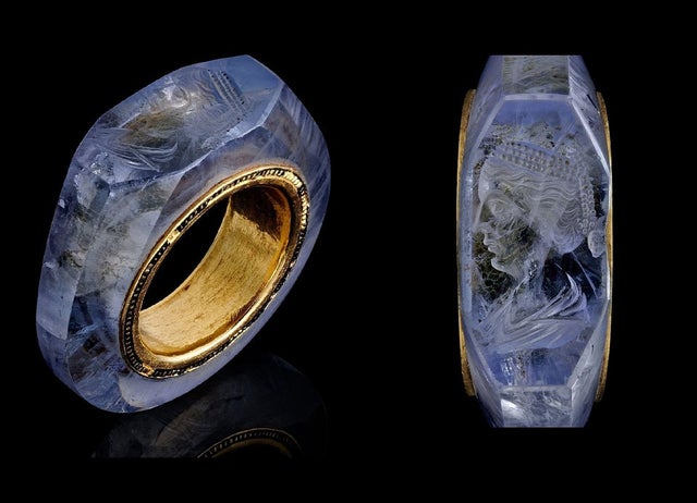 A 2000 year old sapphire ring thought to belong to Roman Emperor Caligula, depicting his fourth wife Caesonia.